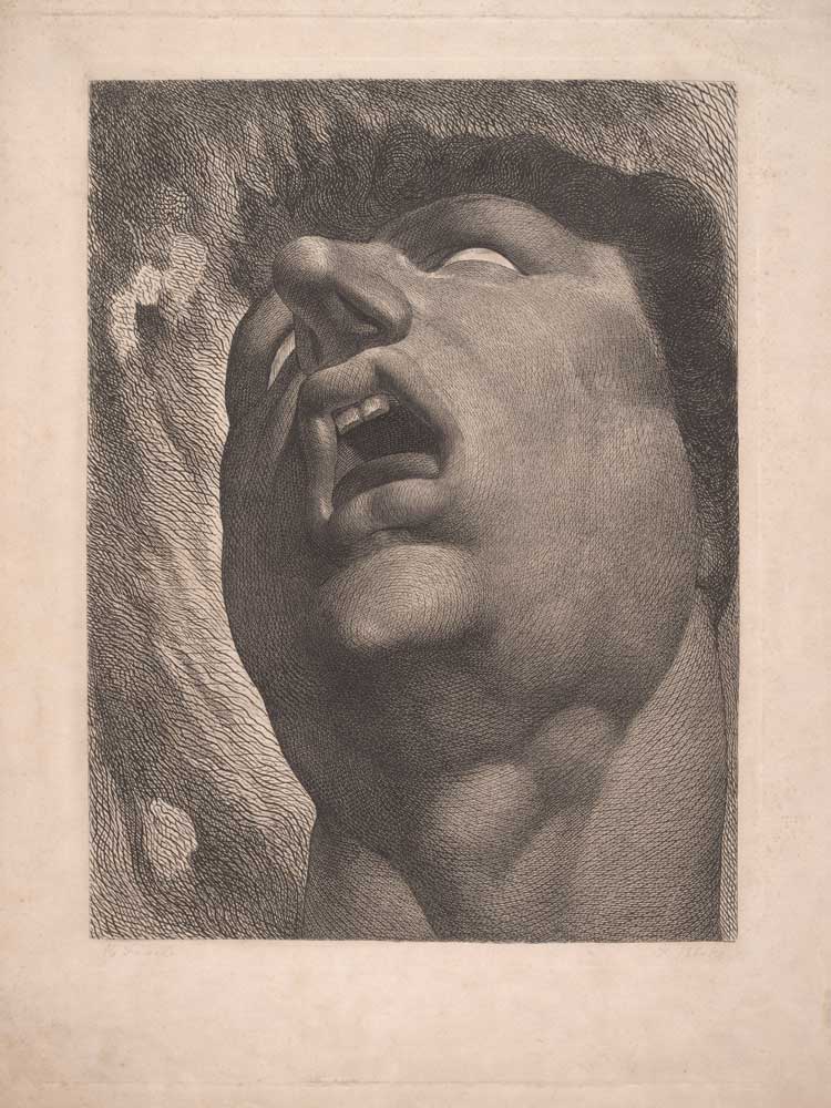 William Blake after Henry Fuseli, Head of a Damned Soul, c1789-90. Engraving and etching on paper, 47.3 x 38 cm. The Fitzwilliam Museum, Cambridge. © The Fitzwilliam Museum, Cambridge.