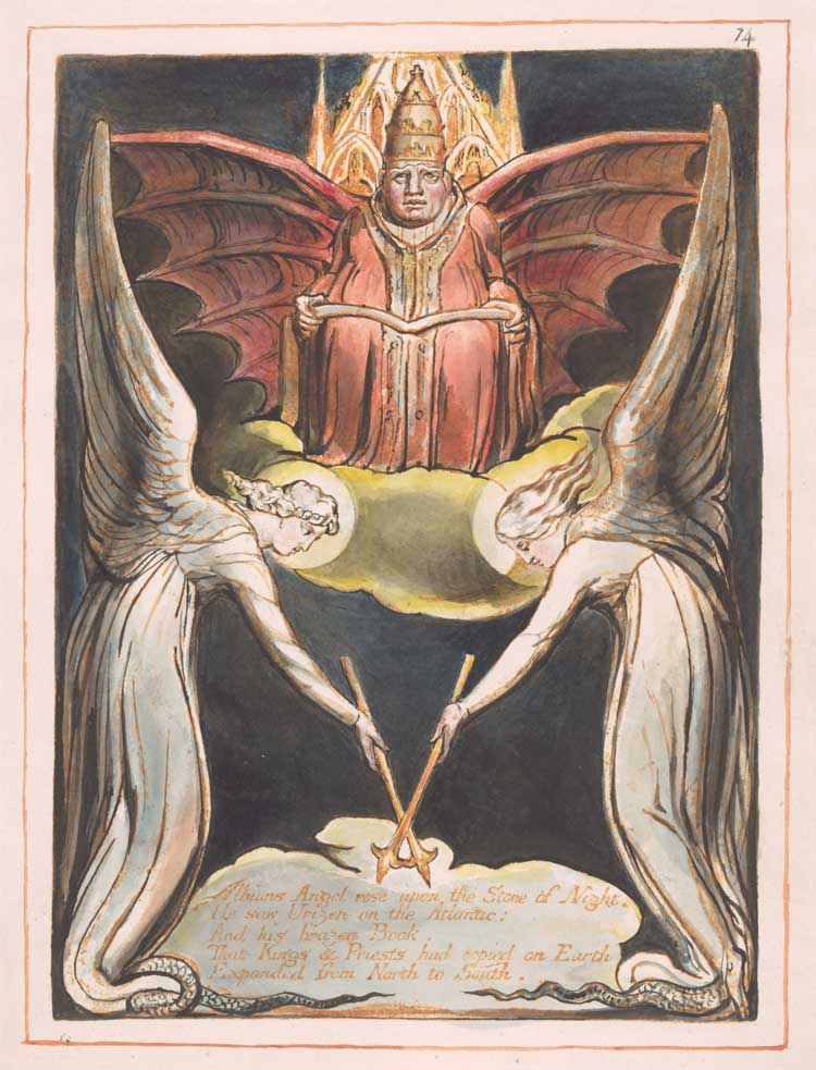 William Blake, Albion’s Angel rose / Europe a Prophecy, 1794-1821. Relief-etching, printed in colour, with hand colouring and heightened with gold, 30.3 x 22.7. cm. The Fitzwilliam Museum, Cambridge. © The Fitzwilliam Museum, Cambridge.