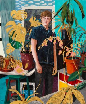 Hernan Bas. Conceptual Artist #5 (A budding gilder, his dying houseplants get the Midas touch), 2022. Acrylic and genuine gold leaf on linen, 183.5 x 152.7 cm (72 1/4 x 60 1/8 in). © Hernan Bas. Courtesy the artist and Victoria Miro.