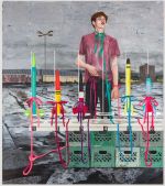 Hernan Bas. Conceptual Artist #9 (Performance based, his work is tied to the binds of gravity), 2022. Acrylic on linen, 243.8 x 213.4 cm (96 x 84 in). © Hernan Bas. Courtesy the artist and Victoria Miro.