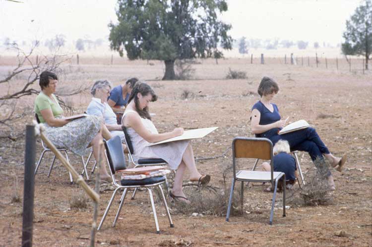 Vivienne Binns and participants. Full flight: views of life in the Central Western region of NSW through the creative expression of those who live there, 1981-83. Artist-in-community project, including workshops, murals, posters, bulletins, newsletters. Held in Bathurst, Condobolin, Cowra, Fifield, Forbes, Grenfell, Lake Cargelligo, Lithgow, Molong, Murrin Bridge, Nyngan, Orange, Parkes, Tottenham, Tullamore and Trundle. © Vivienne Binns. Photo: courtesy of the artist.