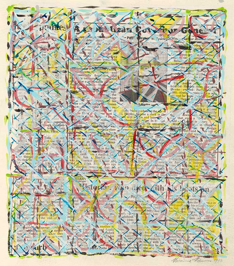 Vivienne Binns. Tapa over a Republican Governor-General, 1993. Drawing in synthetic polymer paint, 25.5 (H) x 22.5 (W) cm (image), 25.5 (H) x 22.5 (W) cm (sheet), 28.0 (H) x 25.5 (W) cm (backing). National Gallery of Australia, Canberra. Purchased 1995. © Vivienne Binns / Copyright Agency.