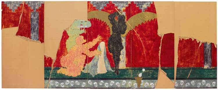 General Idea, The Unveiling of the Cornucopia (Mural Fragment from the Room of the Unknown Function in the Villa dei Misteri of The 1984 Miss General Idea Pavillion), 1982. Enamel on plasterboard and plywood, 244 × 610 cm. University of Lethbridge Art Collection, Purchased 1986 with funds provided by the Canada Council Special Purchase Assistance Program (1986.113). © General Idea. Photo: Art Gallery of Ontario, Toronto.