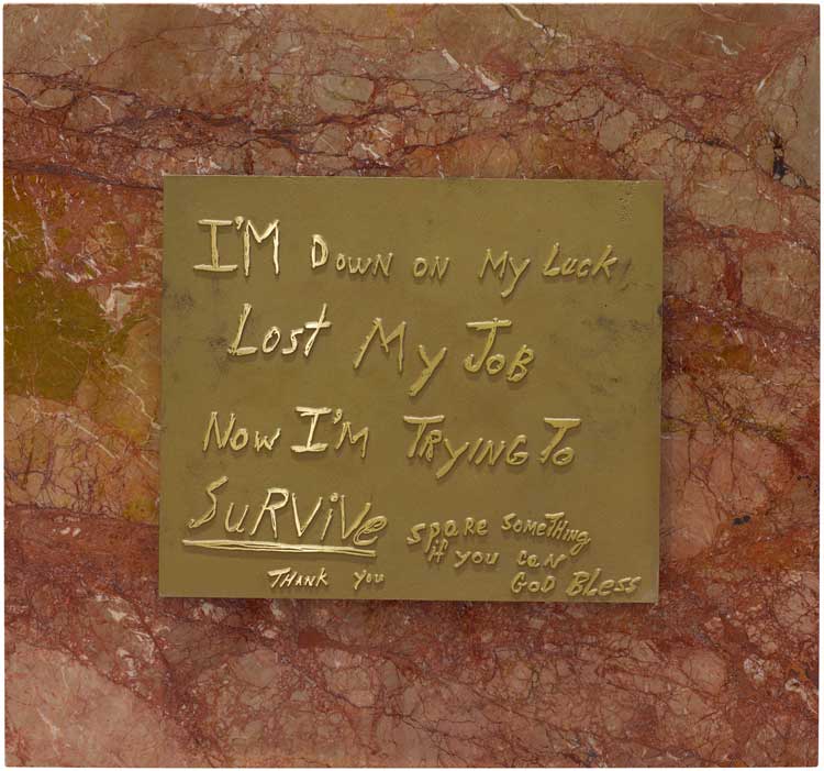 General Idea, Homeless Sign for Trump Tower, 1989. Marble, bronze, 68.6 × 75.6 × 6.4 cm. Collection of Mario J. Palumbo. © General Idea. Photo: Art Gallery of Ontario, Toronto.