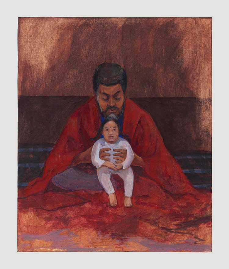 Mahesh Baliga. Agissant comme père, 2022. Caséine sur carton de soie, 12 x 10 po (30,5 x 25,4 cm). © Mahesh Baliga. Avec l'aimable autorisation de l'artiste, Project 88 et David Zwirner.