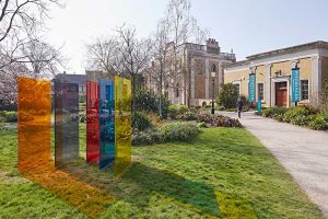 Rana Begum. Outdoor Glass Commission. Laminated toughened glass, steel and aluminium framework, 2018. 
Photo: Andy Stagg.