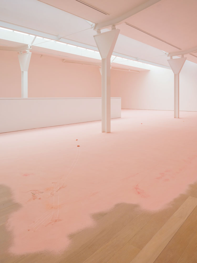 Karla Black. Punctuation is pretty popular: nobody wants to admit to much, (detail), 2008/2021. Plaster powder, powder paint, thread. Courtesy Galerie Gisela Capitain, Cologne and Modern Art, London. 
Photo: Tom Nolan.