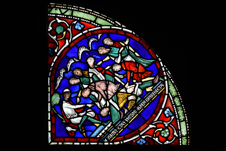 Detail showing the castration of Eilward of Westoning. Miracle window, Canterbury Cathedral, early 1200s. © The Chapter, Canterbury Cathedral