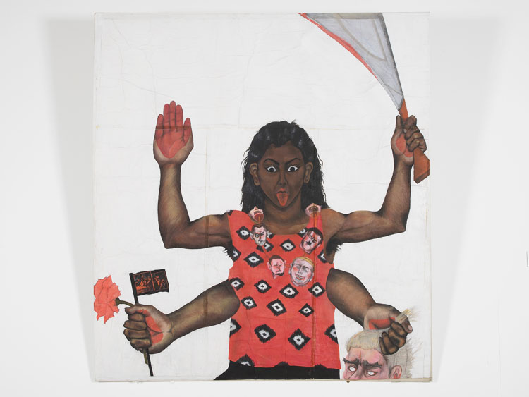 Sutapa Biswas. Housewives with Steak-knives, 1984-85. Oil, acrylic, pastel, pencil, white tape, collage on paper mounted onto stretched canvas, 2450 x 2220mm. © Sutapa Biswas. All rights reserved, DACS/Artimage 2020. Photo: Andy Keate