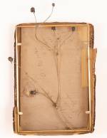 Sara Barker. hold, 2020. Cardboard tray, brass rod, pencil, varnish, 28 x 20 x 6 cm. Photo: Mike Bolam.