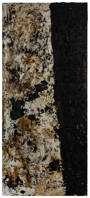 Eleanor Bartlett. Two panel Tar, 2010, tar and metal paint on canvas, 200 x 130 cm. © the artist.