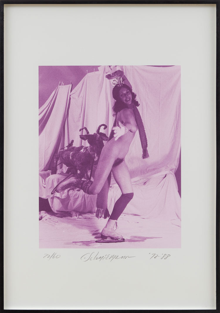 Carolee Schneemann. Ice Naked Skating, 1972/1988. One of six photo-lithographs, 100 x 70 cm. Copyright the estate of the artist. Courtesy of Richard Saltoun Gallery.