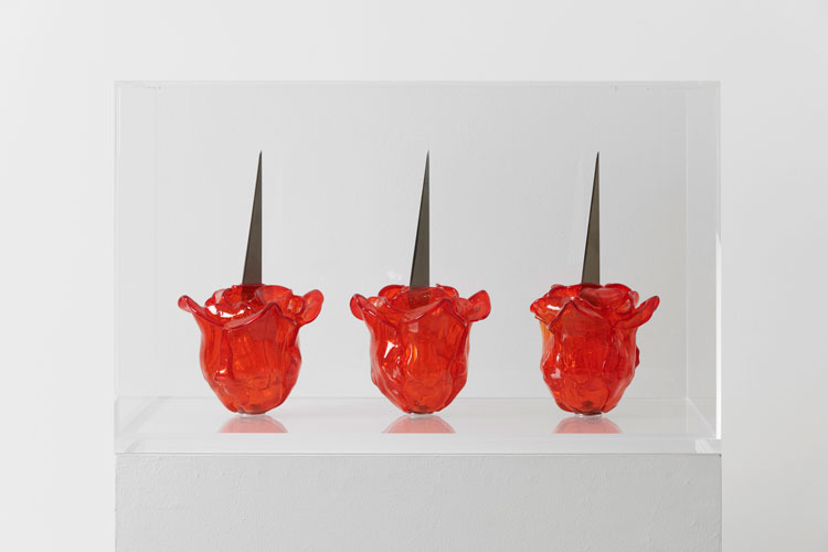 Renate Bergmann. Venice Rose, 2019. Three handblown glass roses with metal blades, height of each rose with blade: 30 cm (approx). Copyright the artist. Courtesy of Richard Saltoun Gallery.