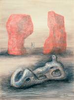 Henry Moore, Sculpture and Red Rocks, 1942, pencil, charcoal, wax crayon, wash, pen and ink on paper, The Museum of Modern Art, New York, © The Henry Moore Foundation, UK, digital image © The Museum of Modern Art/Licensed by SCALA/Art Resource, New York.