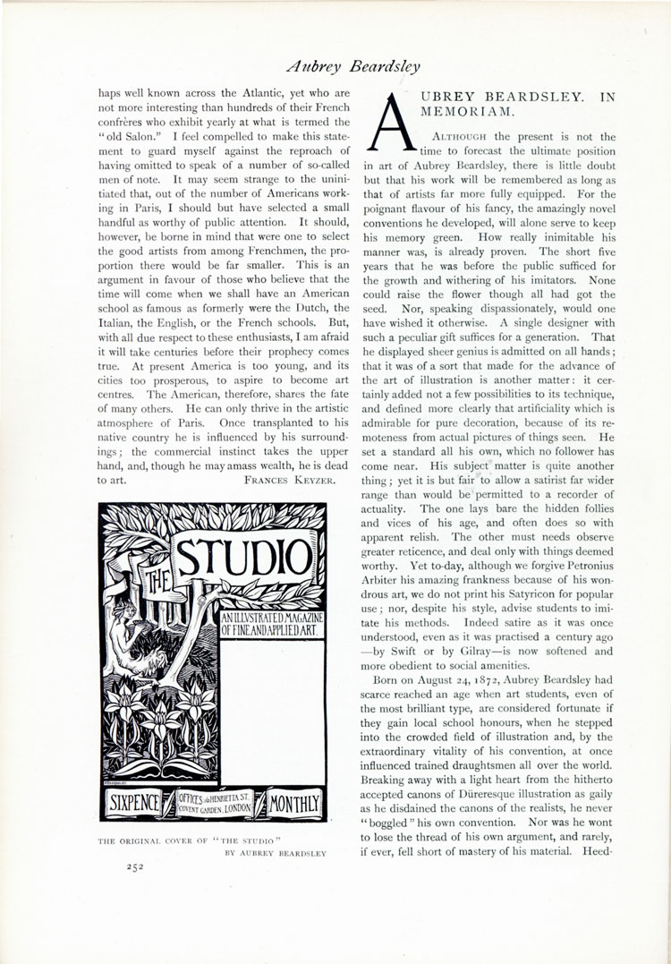 Aubrey Beardsley. In Memoriam. The Studio, An Illustrated Magazine of Fine and Applied Art, Vol 13, 1898, page 252. © Studio International Foundation.