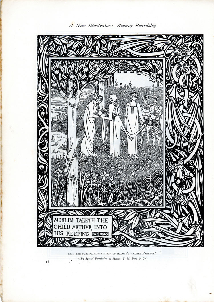 A New Illustrator: Aubrey Beardsley, The Studio, An Illustrated Magazine of Fine and Applied Art, Vol 1, No 1, April 1893, page 16. Image: From the forthcoming edition of Malory's Morte d'Arthur, (by special permission of  Messrs  J. M. Dent & Co.). © Studio International Foundation.
