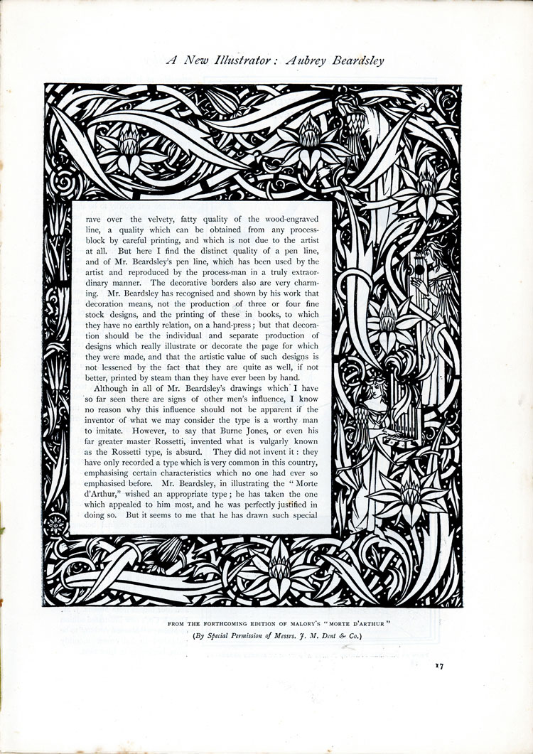A New Illustrator: Aubrey Beardsley, The Studio, An Illustrated Magazine of Fine and Applied Art, Vol 1, No 1, April 1893, page 17. Image: From the forthcoming edition of Malory's Morte d'Arthur, (by special permission of  Messrs  J. M. Dent & Co.). © Studio International Foundation.