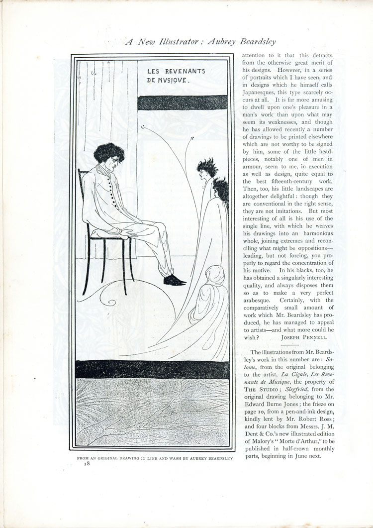 A New Illustrator: Aubrey Beardsley, The Studio, An Illustrated Magazine of Fine and Applied Art, Vol 1, No 1, April 1893, page 18. Image: From an original drawing in line and wash by Aubrey Beardsley. © Studio International Foundation.