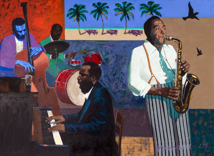 Maurice Burns. Birdman Plays the Blues, 2019. Oil on canvas, 56 x 76 x 1 1/2 in. Image courtesy the artist and Gerald Peters Contemporary.