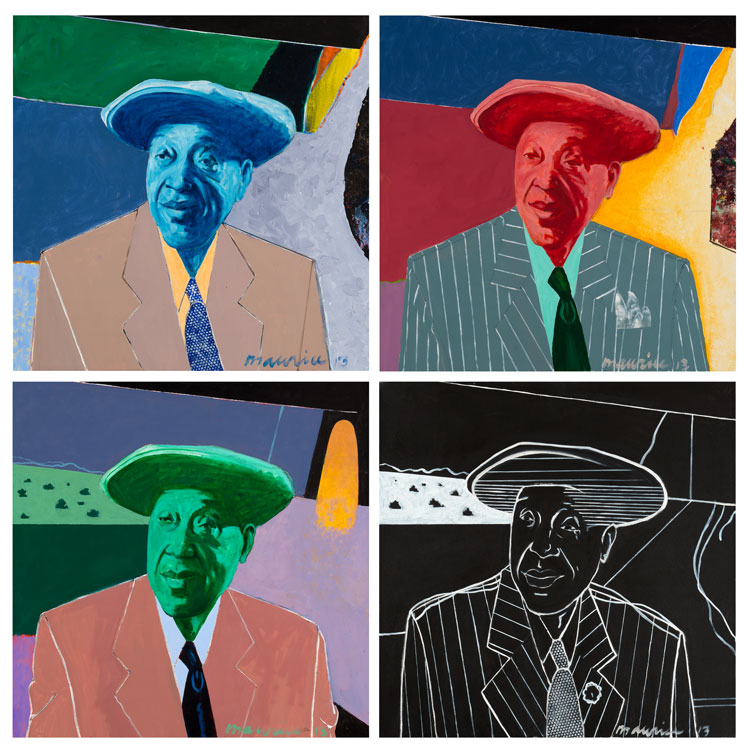 Maurice Burns. Jimmy Yancey (quadriptych), 2013. Oil on canvas, 30 x 30 x 1 1/2 in (each). Image courtesy the artist and Gerald Peters Contemporary.