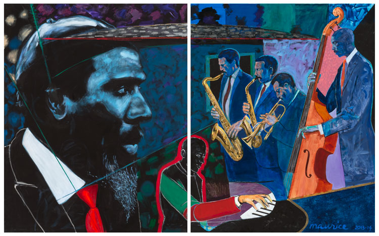 Maurice Burns. Monk's Mood (diptych), 2013-14. Oil on canvas, 60 x 96 in (overall). Image courtesy the artist and Gerald Peters Contemporary.