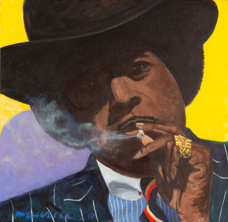Maurice Burns. Junior Wells, 2017. Oil on canvas, 30 x 30 in. Image courtesy the artist and Gerald Peters Contemporary.