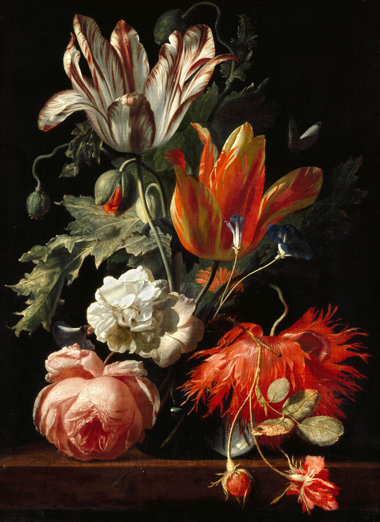 Simon Vereslst. A Vase of Flowers, c1669-75. Oil paint on canvas, 44 x 32 cm. Ashmolean Museum, Oxford.
