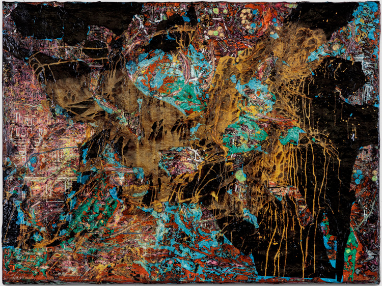 Mark Bradford, The path to the river belongs to animals. 2019. Mixed media on canvas, 168.9 x 228.9 cm (66 1/2 x 90 1/8 in). © Mark Bradford. Courtesy the artist and Hauser & Wirth. Photo: Joshua White