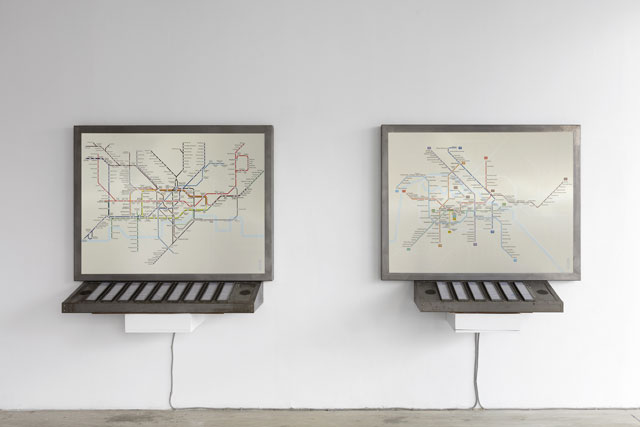 Bertille Bak. Notes englouties (Swallowed sounds), 2012. Interactive subway maps, 130 x 115 x 44 cm each. Courtesy the artist, The Gallery Apart (Roma), Xippas Galleries (Paris-Geneva-Montevideo-Punta del Este). Photo courtesy: Fondazione Merz. Photo: Renato Ghiazza.