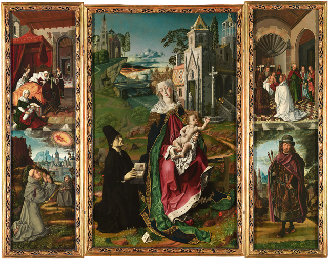 Bartolomé Bermejo. Triptych of the Virgin of Montserrat, probably 1470–5. Oil on oak panel, 156.5 x 100.5 cm (central panel); 156.5 x 50.2 cm (side panels). Cathedral of Nostra Signora Assunta, Chapter House/ Acqui Terme (Alessandria) / Italy. © Diocesi di Acqui-Cattedrale N. Signora Assunta, Acqui Terme / Photo: Museo Nacional del Prado, Madrid.