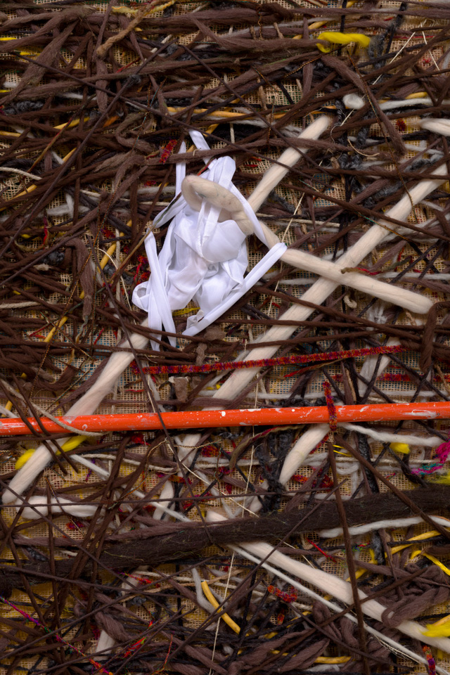 Detail of Alvaro Barrington Worked all day and night as a garbageman so they could be fresh and send money back home, 2019. Mixed media on Burlap, 188 x 182.9 cm. Copyright Alvaro Barrington, courtesy Galerie Thaddaeus Ropac, London • Paris • Salzburg.