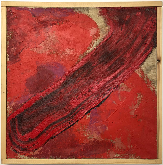 Alvaro Barrington, Red Hibiscus Sketch, 2016. Oil, mixed media on bleached burlap in custom frame, 66 x 66 cm. Courtesy Galerie Thaddaeus Ropac, London · Paris · Salzburg. © Alvaro Barrington, Photo: Tom Carter, London 2018.