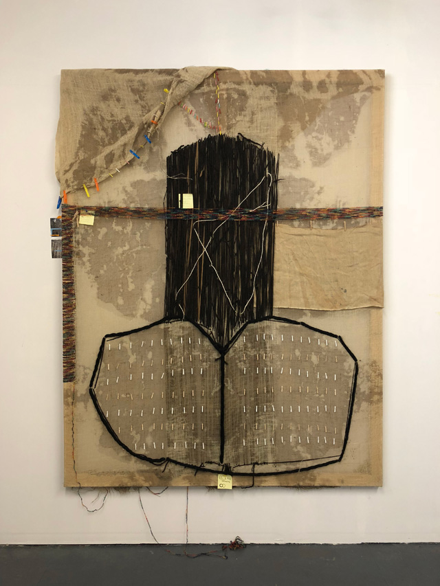 Alvaro Barrington, Untitled (Dick), 2017. Yarn, mixed media on bleached burlap, 221 x 170.2 cm. Courtesy Galerie Thaddaeus Ropac, London · Paris · Salzburg. © Alvaro Barrington, Photo: Tom Carter, London 2018.