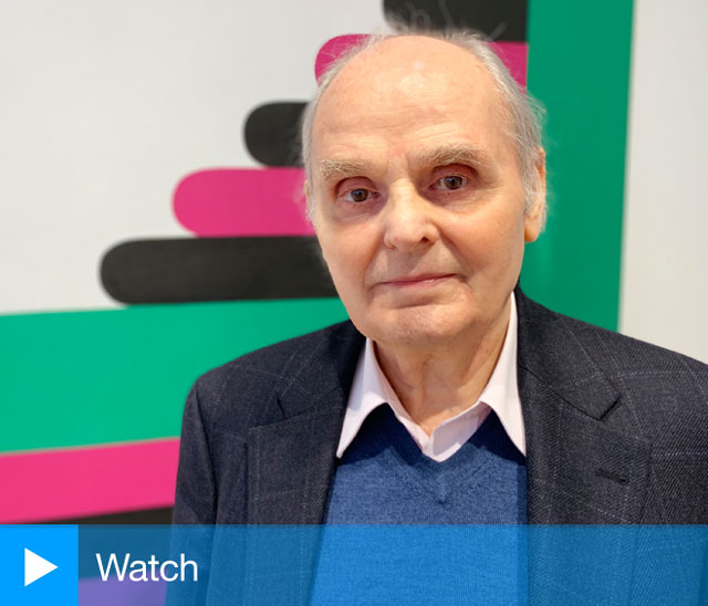 Imre Bak talking to Studio International at the opening of his exhibition at Mayor Gallery, London, February 2019. Photo: Martin Kennedy.