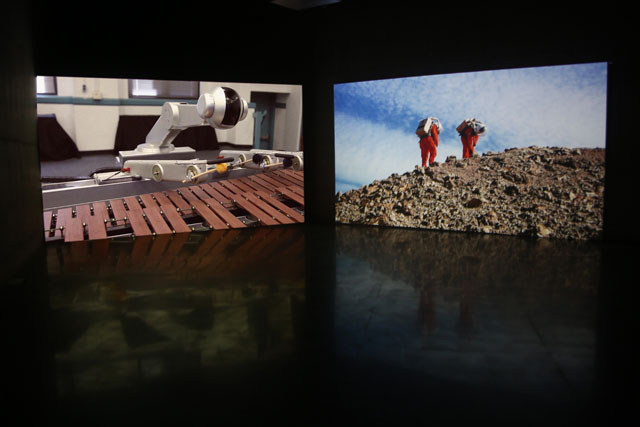 Janet Biggs, Space Between Fragility Curves, (installation view at Museo de la Ciencia y el Cosmos) 2018. Two-channel, HD video installation with sound. Courtesy of the artist, Cristin Tierney Gallery, New York, NY, Analix Forever, Geneva, Switzerland, and CONNERSMITH, Washington, DC. Photo: Robert Cmar.