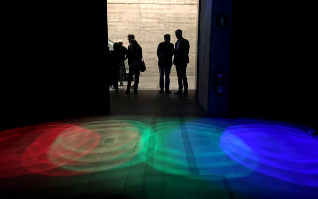 Janet Biggs, Spectrum, 2018. Light sculpture, size variable. Installation view at Museo de la Naturaleza y el Hombre. Courtesy of the artist, Cristin Tierney Gallery, New York, NY, Analix Forever, Geneva, Switzerland, and CONNERSMITH, Washington, DC. Photo: Candace Moeller.