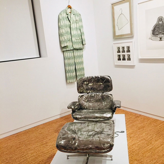 Cheryl Ekstrom, Eames Chair and Ottoman, 2007, and Ray Beldner, Gelt Suit, 2004 (after Joseph Beuys’s Felt Suit, 1970). Installation view, The Bunker Artspace, West Palm Beach, Florida. Photo: Jill Spalding.