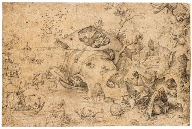 Pieter Bruegel the Elder, The Temptation of Saint Anthony, c1556. Pen and brush and brown and greybrown ink, 215 (right) / 216 (left) × 326 mm. Oxford, The Ashmolean Museum, Bequeathed by Frances Douce, 1834. © Ashmolean Museum, University of Oxford.