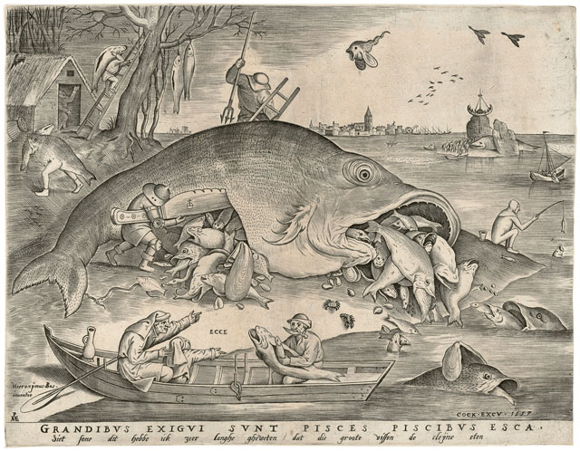 Pieter van der Heyden after Pieter Bruegel the Elder, Big Fish Eat Little Fish, 1557. Engraving, 230 × 296 mm, first state of four. Vienna, Albertina © Albertina, Wien.