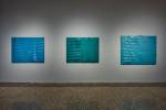 Agostino Bonalumi. Left: Azzurro (Light Blue), 1989. Shaped canvas and vinyl tempera, 114 x 146 cm; Right: Azzurro (Light Blue), 1988. Shaped canvas and vinyl tempera, 130 x 162 cm; Centre: Verde (Green), 1988. Private collection. © ALTO//PIANO – Agostino Osio photography.