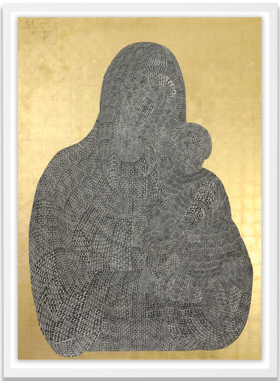 Thomas Bayrle. Golden Madonna, 1988. Photocopy collage and gold leaf on wood, 78 x 57 1/2 in (198 x 146 cm). Photograph: Wolfgang Günzel.