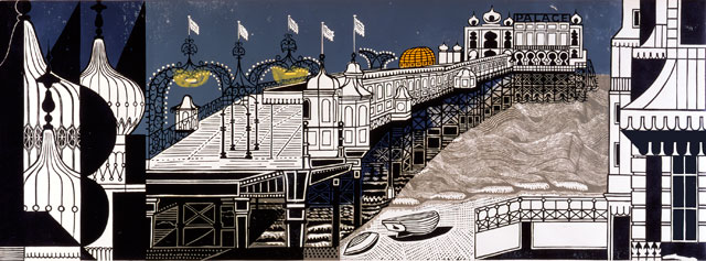 Edward Bawden. Brighton Pier, 1958. Linocut on paper. Trustees of the Cecil Higgins Art Gallery (The Higgins Bedford), © Estate of Edward Bawden.