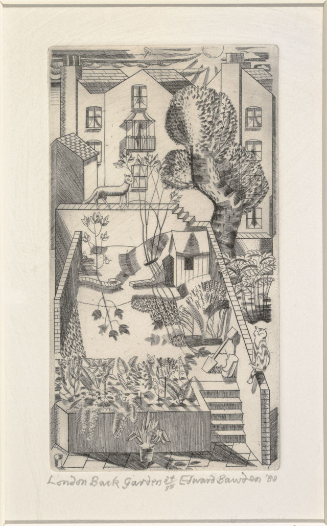 Edward Bawden. London Back Garden, 1927. Copperplate engraving. Private collection, Photograph: Mark Heathcote, © Estate of Edward Bawden.