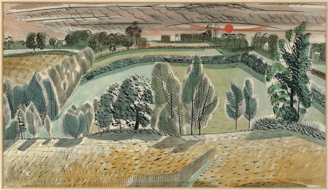 Edward Bawden. Untitled landscape with sunset, 1927. Watercolour on paper, Private collection, Photo: Mark Heathcote, © Estate of Edward Bawden.