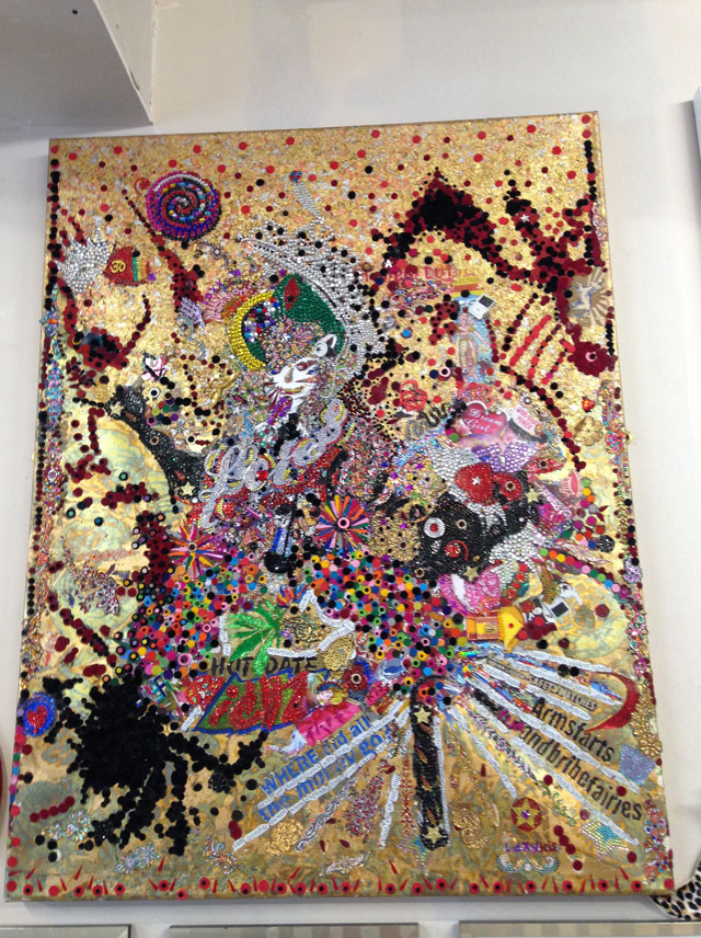 Chila Kumari Burman. Where Did All The Money Go, 2013. Vajazzling, bindis, rhinestones, Swarovski gems, gold leaf, inkjet, body stickers, erotic fridge magnets, glitter, Letraset, on canvas, 34 x 47 in.
