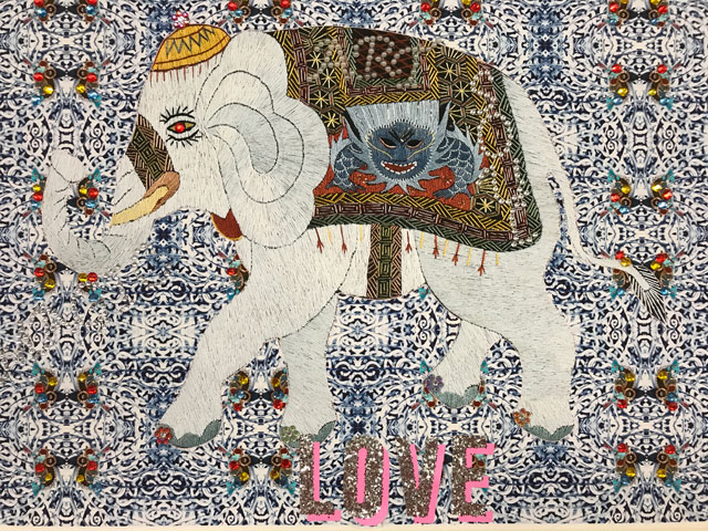 Chila Kumari Burman. Best Love Elephant in Town, 2018. Rhinestones, glitter, embroidery on Dibond.