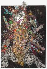 Chila Kumari Burman. Black Panther Raising the Roof, 2014. Inkjet on canvas, rhinestones, fake gems, body stickers, bindis, plastic, glitter, Swarovski, fake gems, 34 x 47 in.