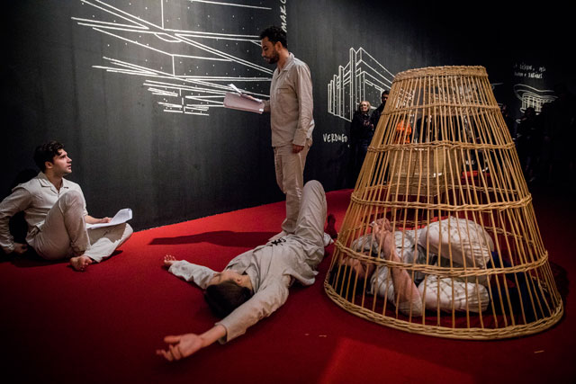 Yto Barrada, Agadir, featuring performers Nick Armfield, Rory Francis, Tallulah Bond and Jonny Lavelle. Installation view, The Curve, Barbican Centre, 2018. Photograph: Tristan Fewings/Getty Images.