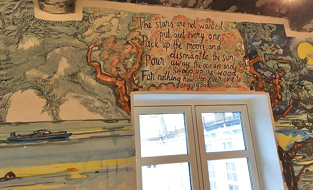 Vanessa Baird. Mural (detail), Auden poem, Sentralen, Oslo. Photograph: Veronica Simpson.