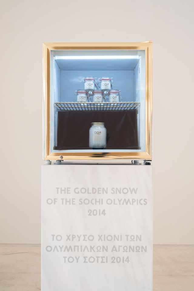 Pavel Brăila, The Golden Snow of the Sochi Olympics, 2014. Snow from the Sochi Olympics and various materials, EMST—National Museum of Contemporary Art, Athens, documenta 14. Photograph: Mathias Völzke.